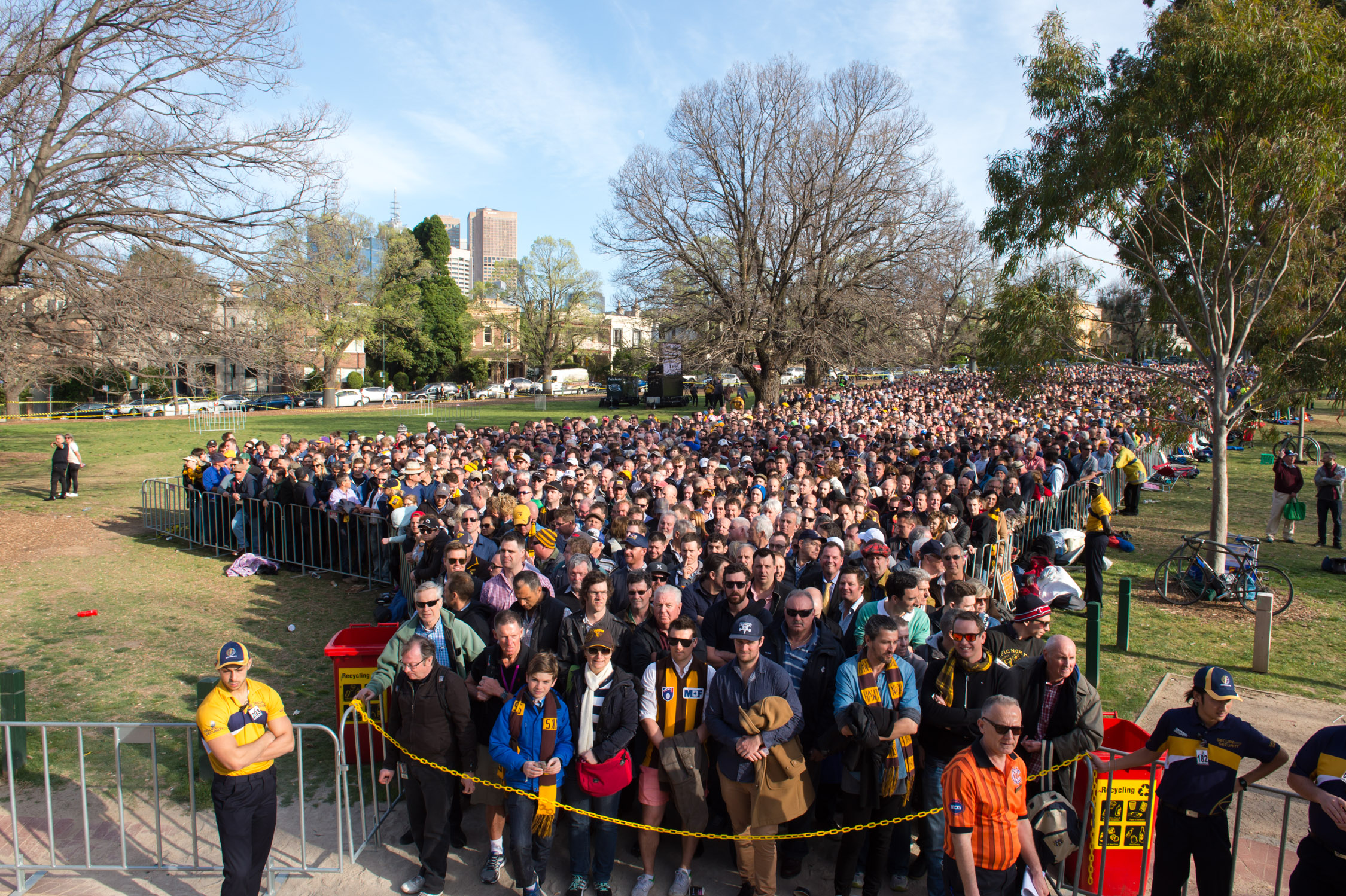 MCC members wait outside Gate 2 for the gates to open on grand final morning.