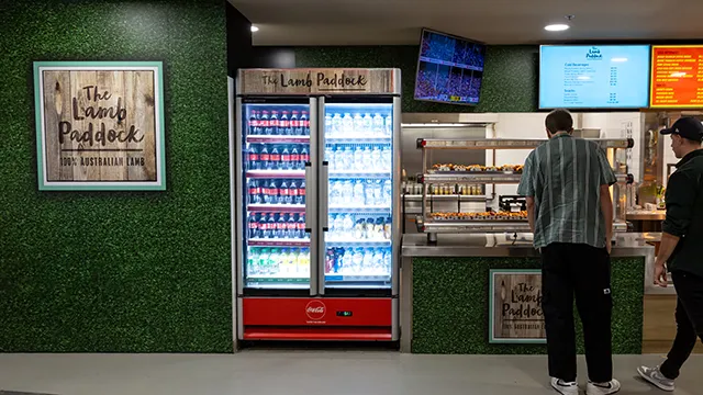 Lamb Paddock outlet with drinks fridge and hot food.
