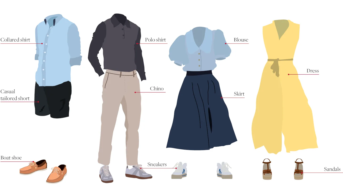Examples of clothing that meets the dress code such as a collared or polo shirt or blouse. As well as chinos, tailored short, skirt and dress.