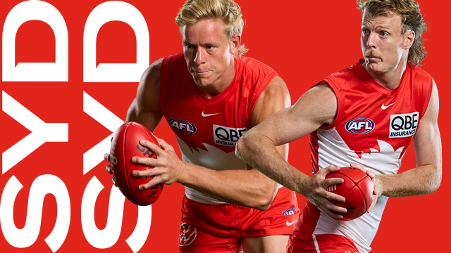 MCC Sydney Swans Dual Membership tile Sydney Swans players in front of a red and white background